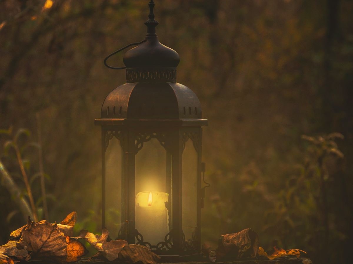 A lantern with a lit candle glowing among autumn leaves at dusk